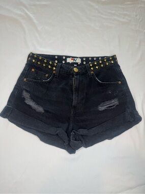 Aviator Nation Black Distressed Jean Shorts with Gold Studded Waist- Size 27